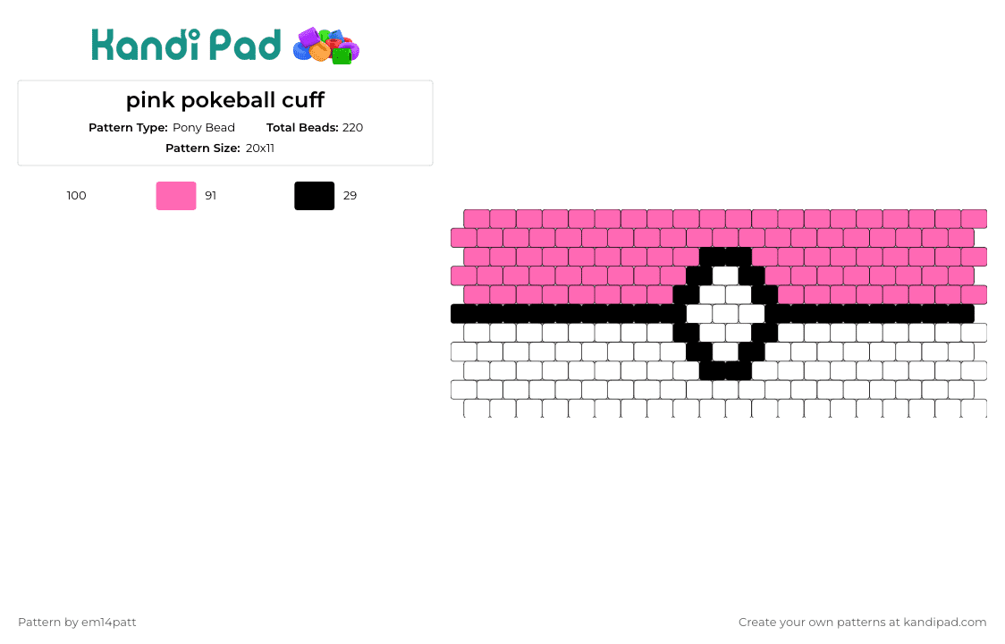 pink pokeball cuff - Pony Bead Pattern by em14patt on Kandi Pad - pokeball,pokemon,cuff,pink,white