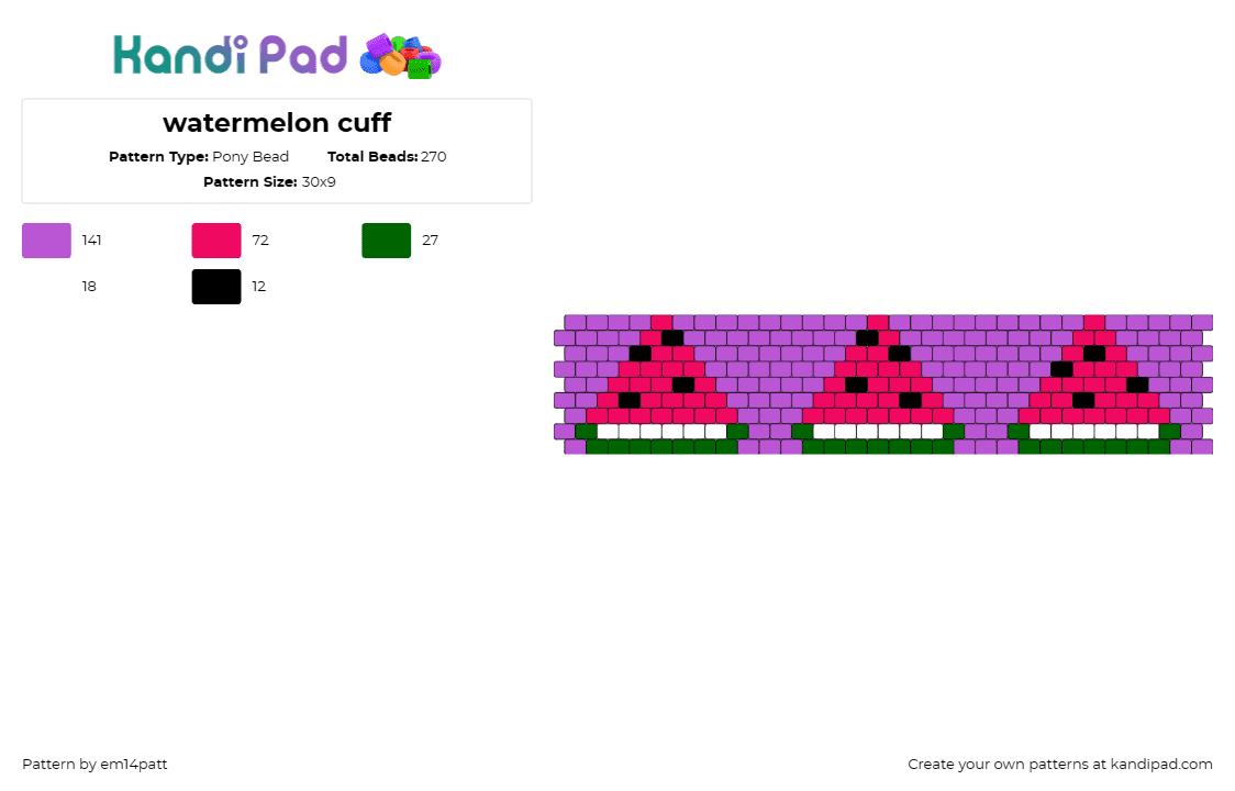 watermelon cuff - Pony Bead Pattern by em14patt on Kandi Pad - watermelon,fruit,food,sweet,cuff,juicy,summer,pink,purple