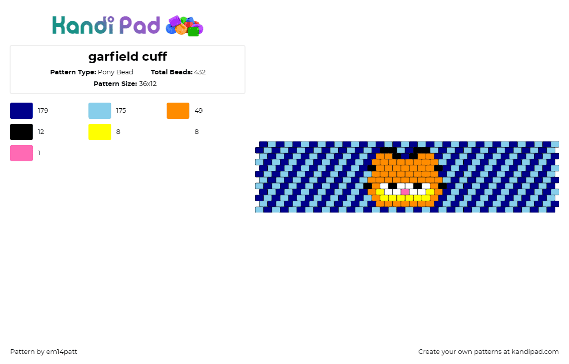 garfield cuff - Pony Bead Pattern by em14patt on Kandi Pad - garfield,diagonal,stripes,cat,comic,cartoon,character,cuff,orange,blue