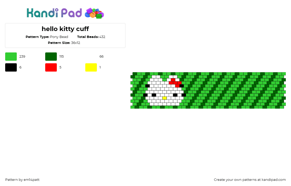 hello kitty cuff - Pony Bead Pattern by em14patt on Kandi Pad - hello kitty,sanrio,diagonal,stripes,character,kawaii,cuff,green,white