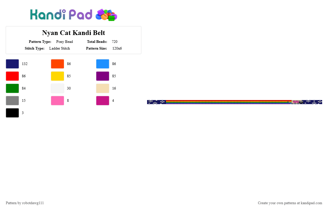 Nyan Cat Kandi Belt - Pony Bead Pattern by robotdawg111 on Kandi Pad - purple,yellow,green,light blue,colorful,nyancat,kandibelt,belt