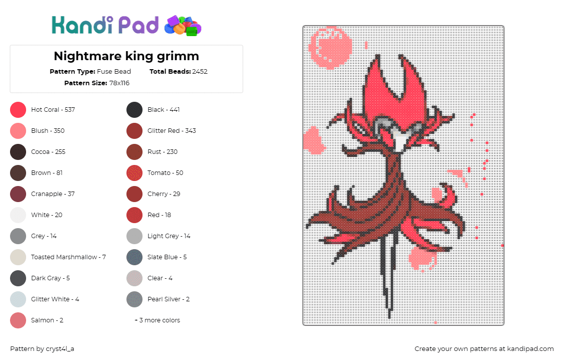 Nightmare king grimm - Fuse Bead Pattern by cryst4l_a on Kandi Pad - nightmare king grimm,hollow knight,character,video game,boss,red,pink