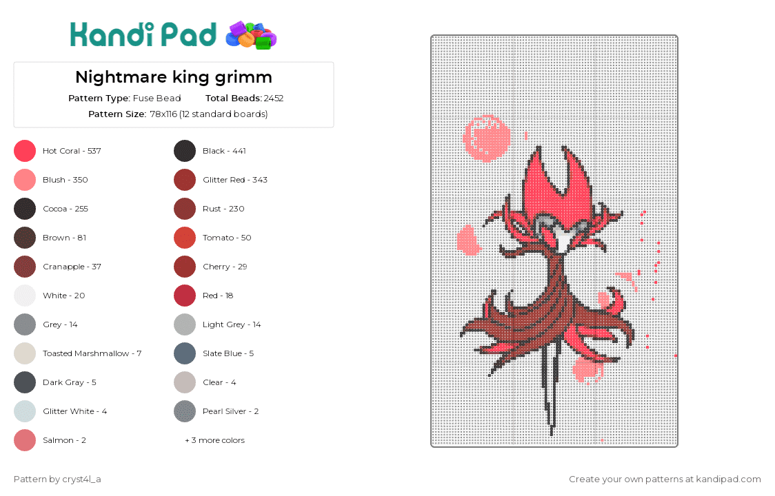 Nightmare king grimm - Fuse Bead Pattern by cryst4l_a on Kandi Pad - nightmare king grimm,hollow knight,character,video game,boss,red,pink