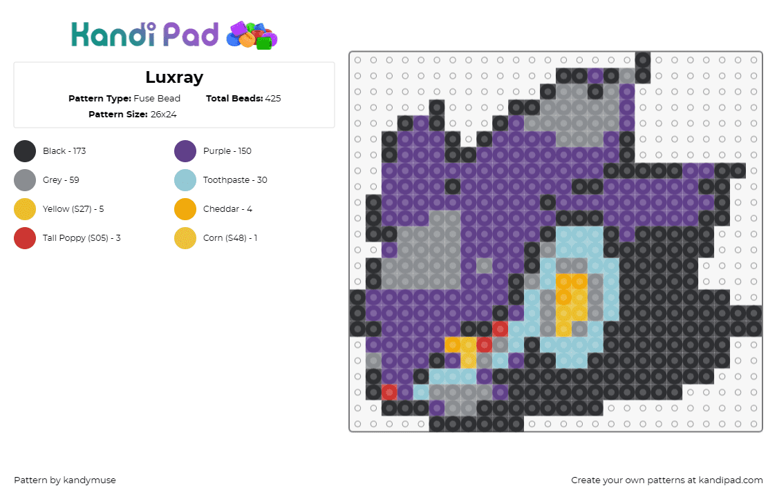 Luxray - Fuse Bead Pattern by kandymuse on Kandi Pad - luxray,pokemon,head,anime,gaming,purple