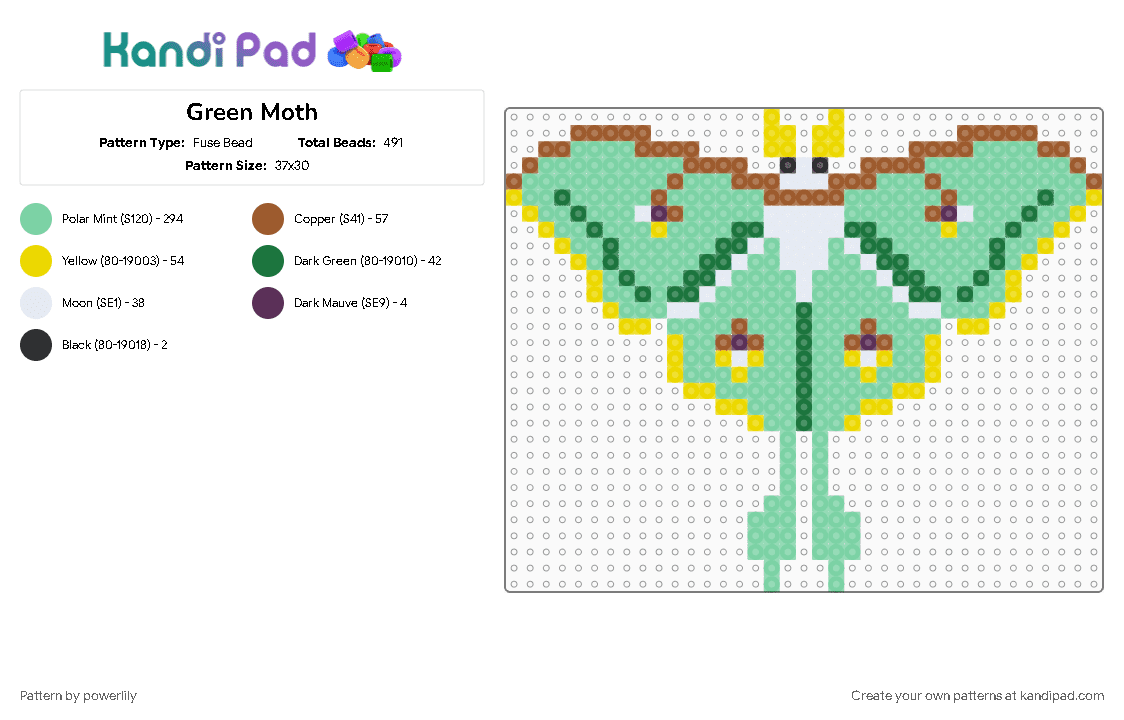 Green Moth - Fuse Bead Pattern by powerlily on Kandi Pad - animal, animals, colorful, cute, insect, moth, nature, teal, winged