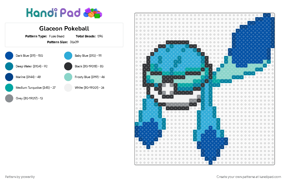 Glaceon Pokeball - Fuse Bead Pattern by powerlily on Kandi Pad - blue, eevee, eevee evolutions, eeveelution, eeveelutions, eeveeolution, glaceon, light blue, pokeball, pokemon, teal