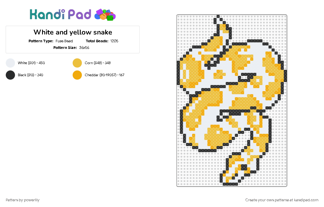 White and yellow snake - Fuse Bead Pattern by powerlily on Kandi Pad - animal, corn snake, cute, large, large pattern, lemon, orange, reptile, snake, yellow