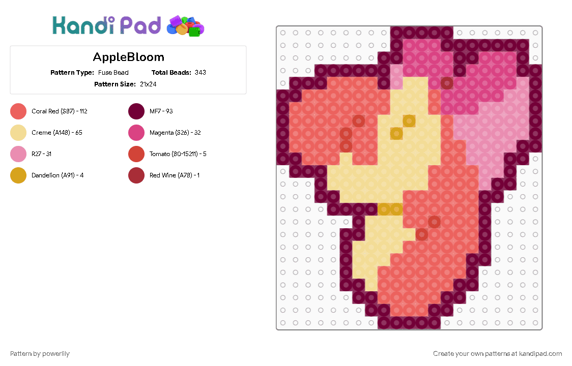 AppleBloom - Fuse Bead Pattern by powerlily on Kandi Pad - apple bloom, character, cmc, cutie mark crusaders, medium, mlp, my little pony, pink, red, simple