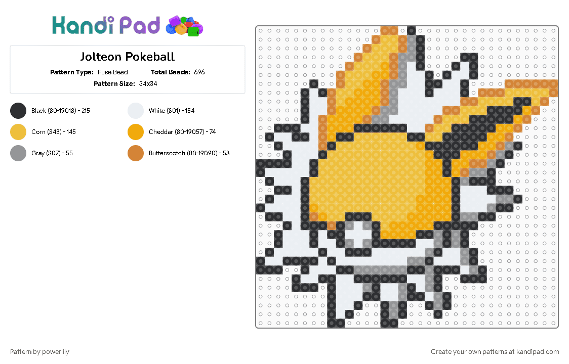 Jolteon Pokeball - Fuse Bead Pattern by powerlily on Kandi Pad - eevee, eevee evolutions, eeveelution, eeveelutions, eeveeolution, jolteon, orange, pokeball, pokemon, yellow