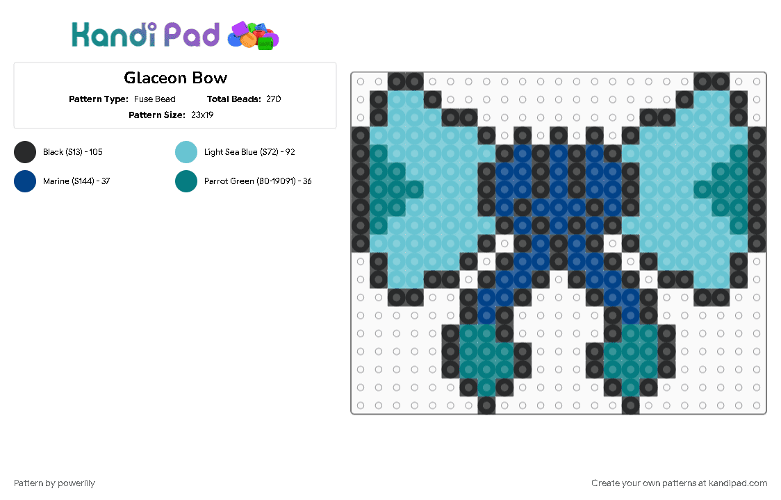 Glaceon Bow - Fuse Bead Pattern by powerlily on Kandi Pad - bow, eevee, eevee evolutions, eeveelution, eeveelutions, eeveeolution, glaceon, light blue, pokemon