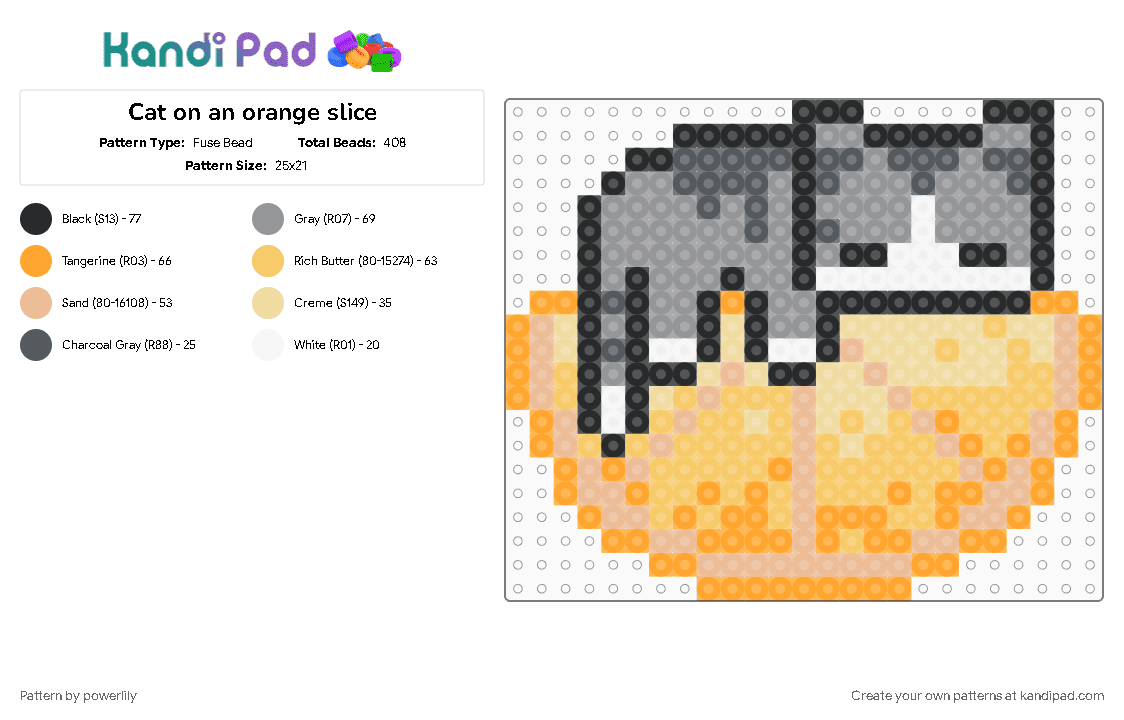Cat on an orange slice - Fuse Bead Pattern by powerlily on Kandi Pad - animal, animals, beige, cat, cute, gray, gray cat, grey cat, oranges, small