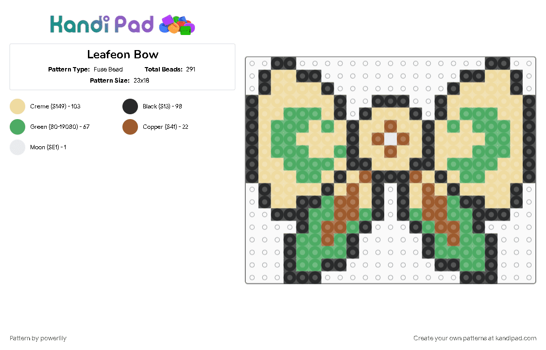 Leafeon Bow - Fuse Bead Pattern by powerlily on Kandi Pad - beige, bow, eevee, eevee evolutions, eeveelution, eeveelutions, eeveeolution, green, leafeon, pokemon
