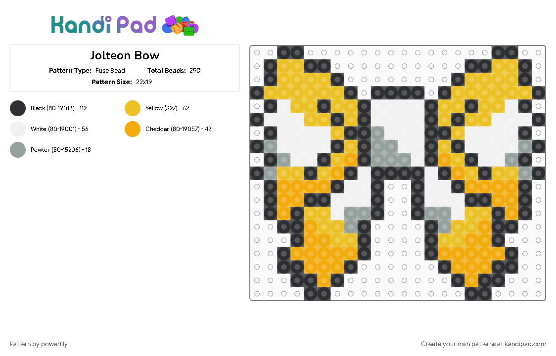 Jolteon Bow - Fuse Bead Pattern by powerlily on Kandi Pad - bow, eevee, eeveelution, eeveelutions, eeveeolution, eeveolution, jolteon, orange, pokemon, yellow