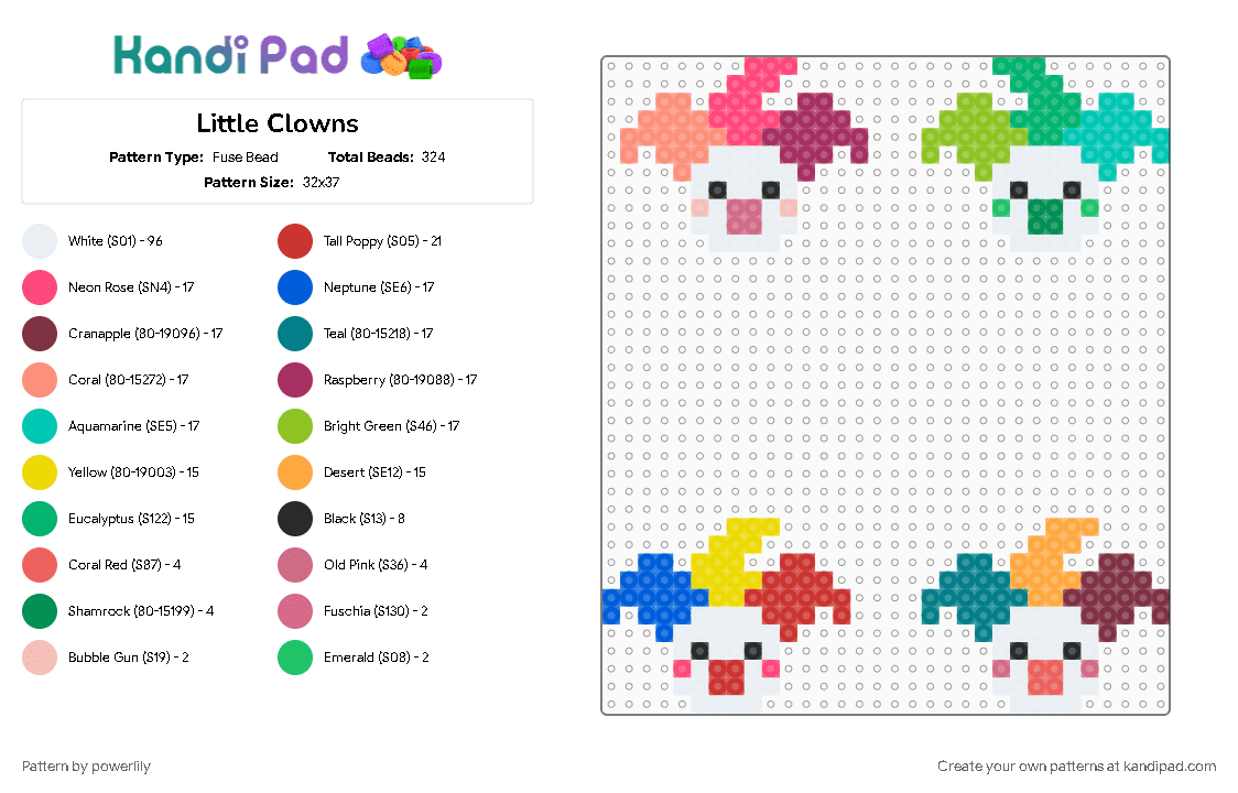 Little Clowns - Fuse Bead Pattern by powerlily on Kandi Pad - clown, clowns, colorful, easy pattern, easy perler, green, kidcore, orange, party, red, silly, small
