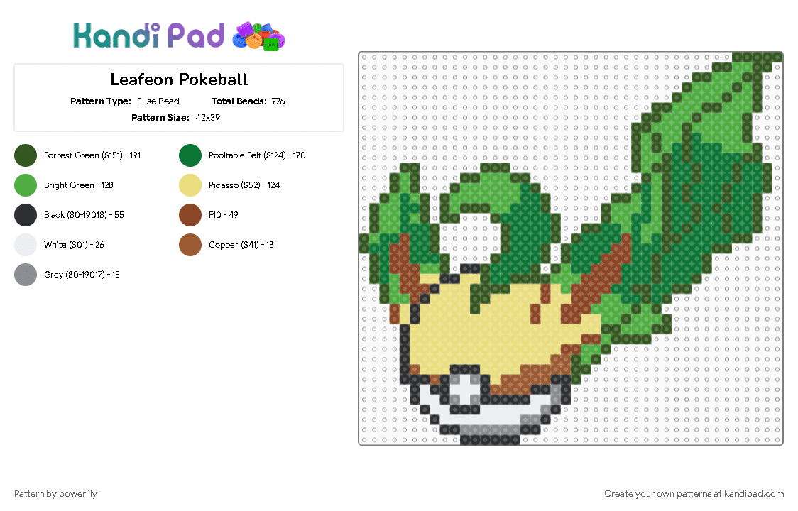 Leafeon Pokeball - Fuse Bead Pattern by powerlily on Kandi Pad - eevee, eevee evolutions, eeveelution, eeveelutions, eeveeolution, gold, green, leafeon, pokeball, pokemon, yellow