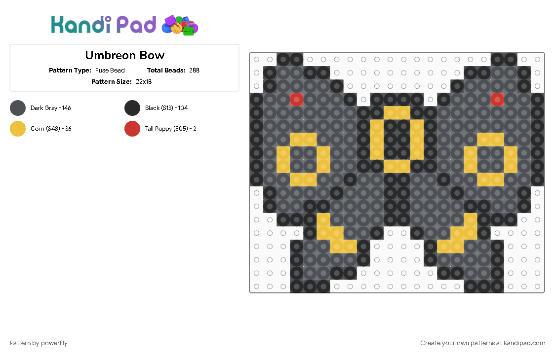 Umbreon Bow - Fuse Bead Pattern by powerlily on Kandi Pad - bow, eevee, eevee evolutions, eeveelution, eeveelutions, eeveeolution, gray, pokemon, umbreon