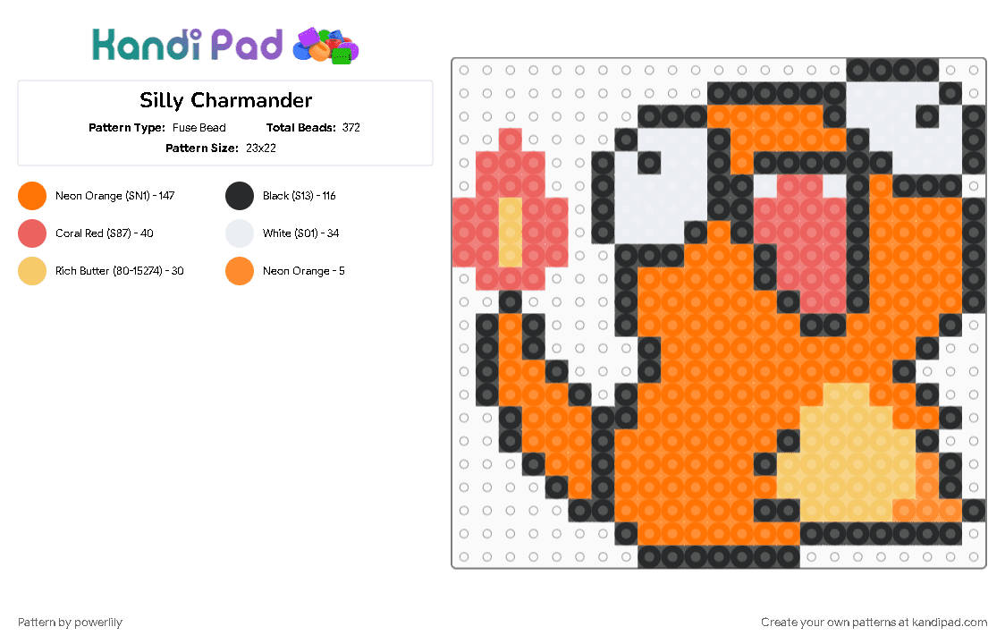 Silly Charmander - Fuse Bead Pattern by powerlily on Kandi Pad - character, derpy, gaming, medium, nintendo, orange, pokemon, silly, video game