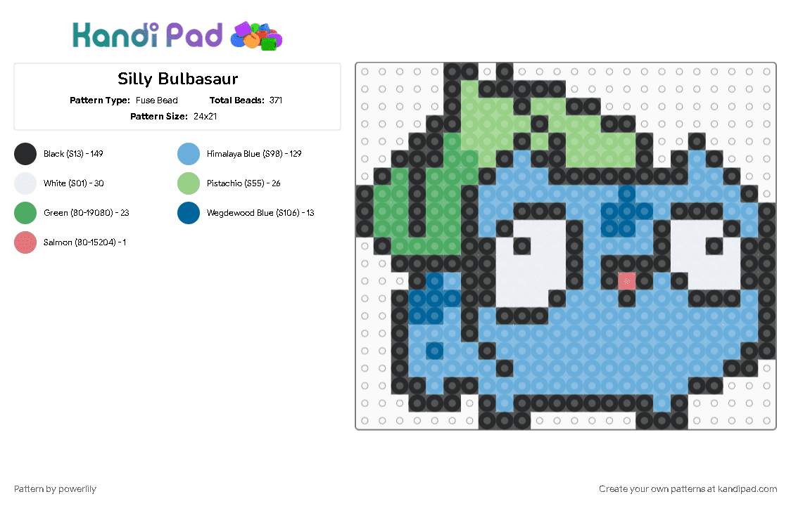 Silly Bulbasaur - Fuse Bead Pattern by powerlily on Kandi Pad - bulbasaur, character, derpy, gaming, light blue, nintendo, pokemon, silly, video game