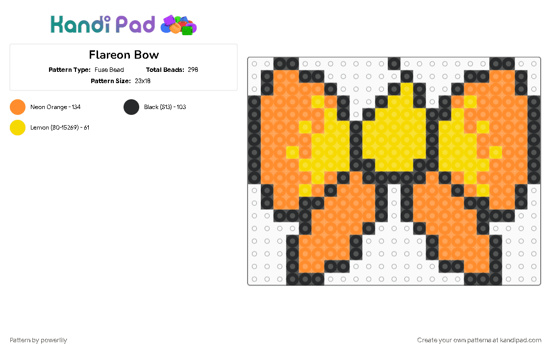 Flareon Bow - Fuse Bead Pattern by powerlily on Kandi Pad - bow, eevee, eevee evolutions, eeveelution, eeveelutions, eeveeolution, flareon, orange, pokemon, yellow