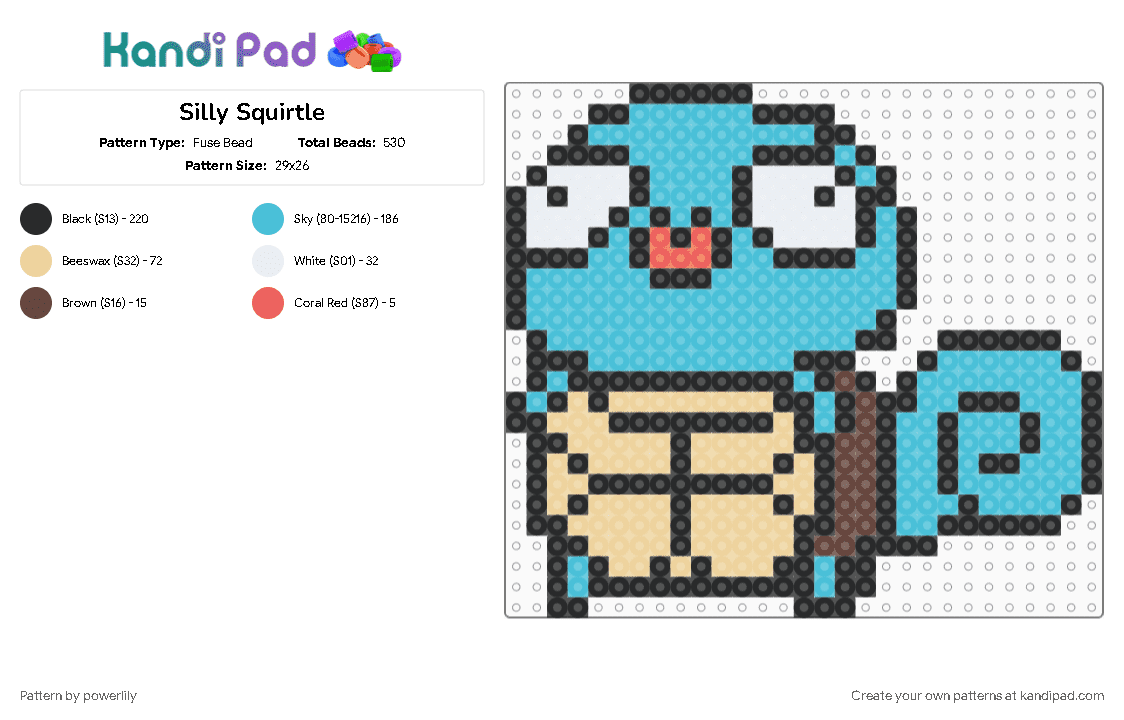 Silly Squirtle - Fuse Bead Pattern by powerlily on Kandi Pad - beige, character, derpy, gaming, light blue, medium, pokemon, silly, squirtle, video game