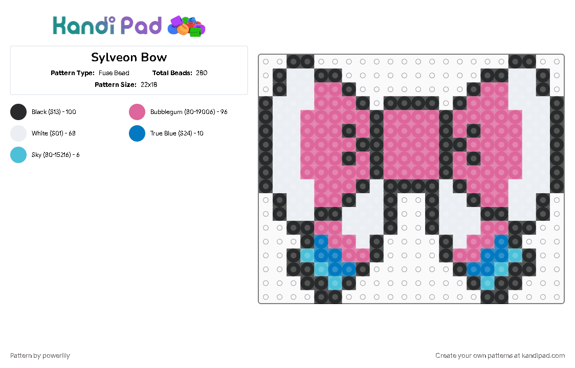 Sylveon Bow - Fuse Bead Pattern by powerlily on Kandi Pad - bow, eevee, eevee evolutions, eeveelution, eeveelutions, eeveolution, pink, pokemon, sylveon