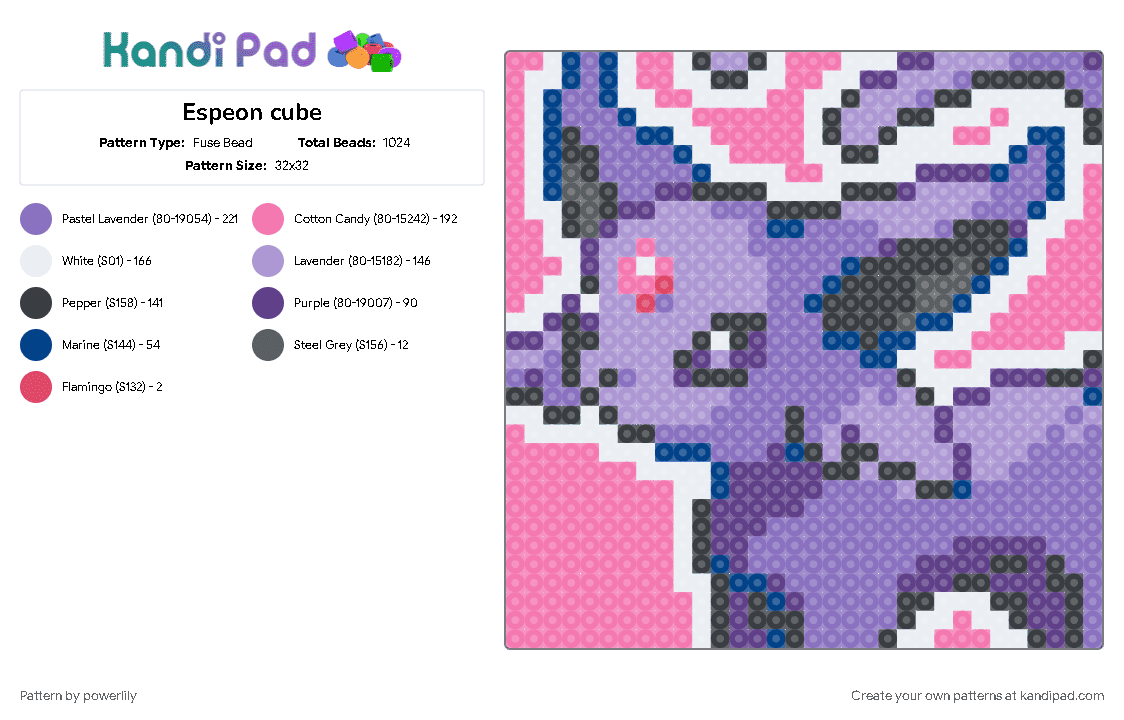 Espeon cube - Fuse Bead Pattern by powerlily on Kandi Pad - cube, eevee, eevee evolutions, eeveelution, eeveelutions, eeveeolution, espeon, pokemon