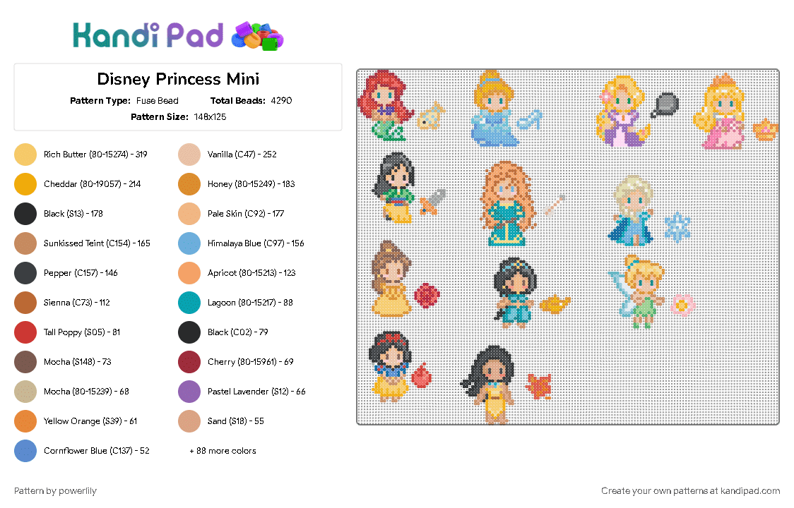 Disney Princess Mini - Fuse Bead Pattern by powerlily on Kandi Pad - character, colorful, disney, disney princess, disneyprincess, fairies, fairy, light blue, princess, tan, teal, tinkerbell, yellow