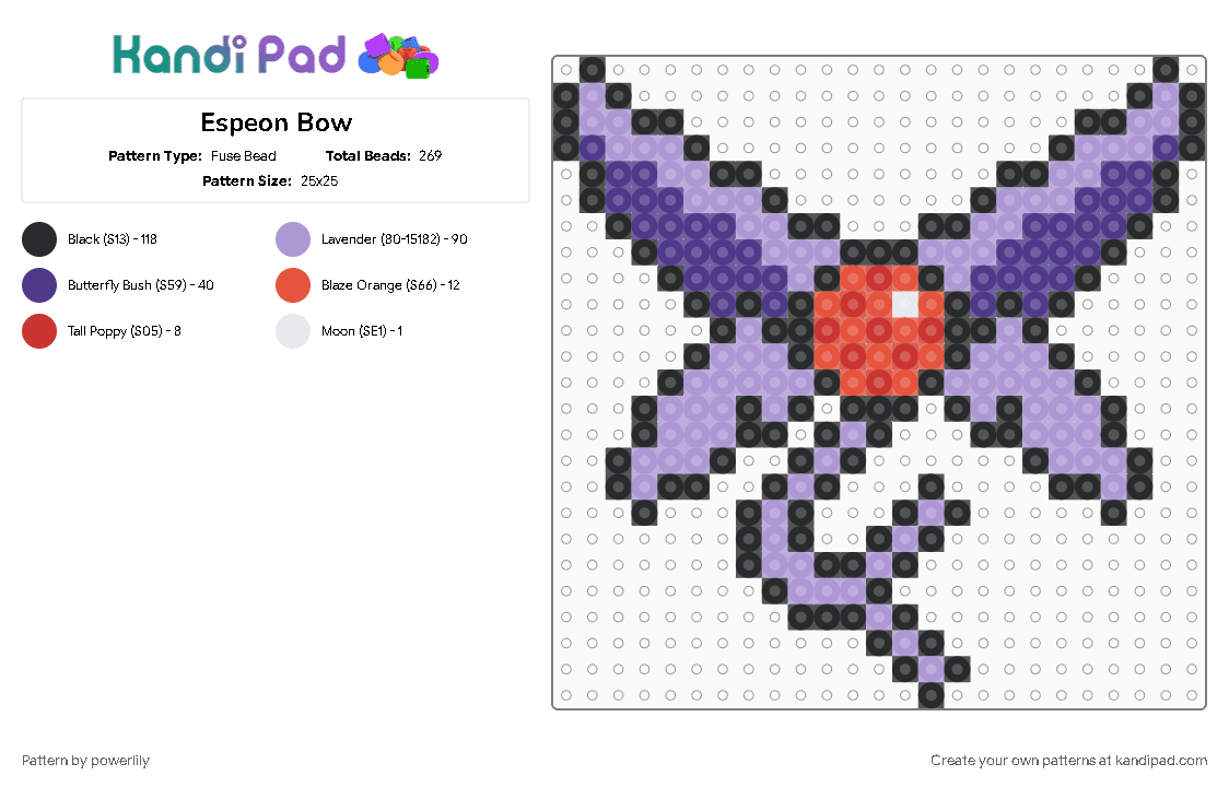 Espeon Bow - Fuse Bead Pattern by powerlily on Kandi Pad - bow, eevee, eevee evolutions, eeveelution, eeveelutions, eeveeolution, espeon, pink, pokemon