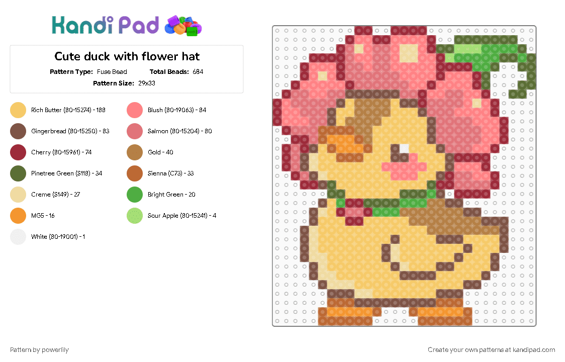 Cute duck with flower hat - Fuse Bead Pattern by powerlily on Kandi Pad - animal, animals, bird, cute, ducky, flower, hat, red, tan, yellow