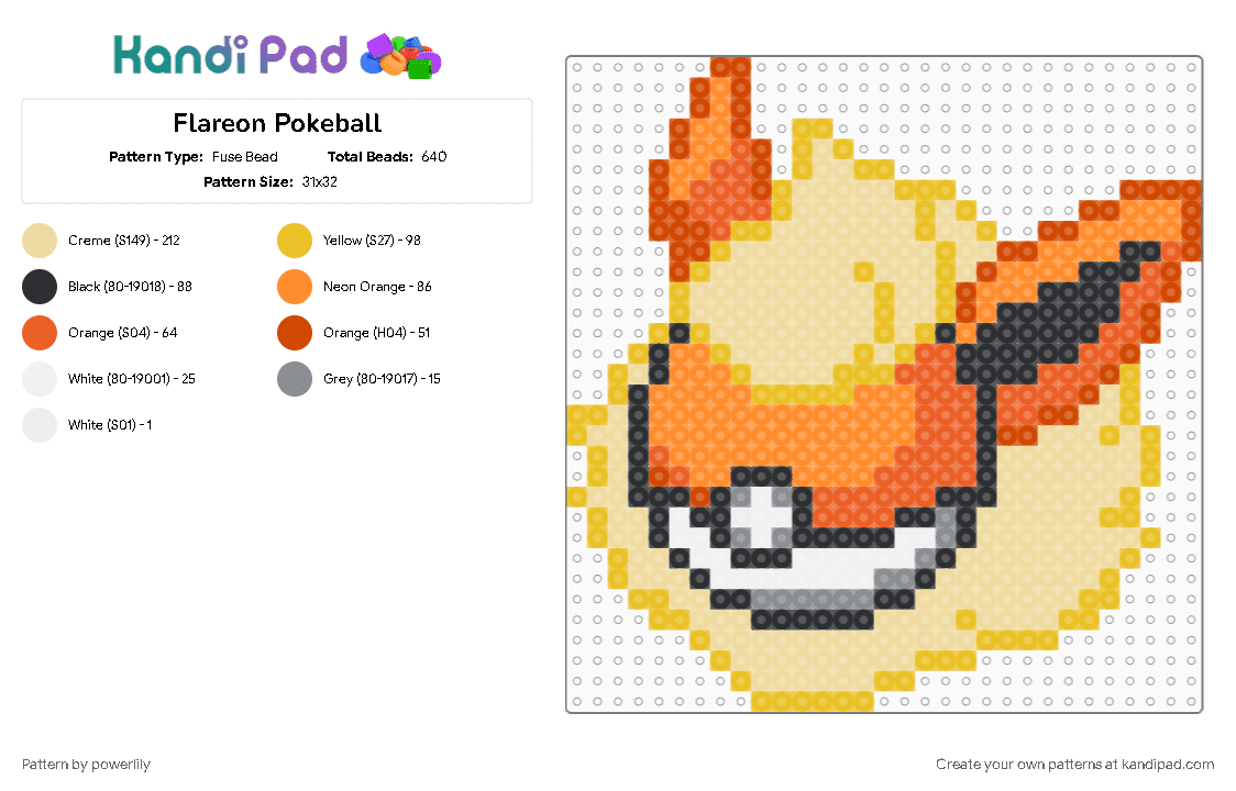 Flareon Pokeball - Fuse Bead Pattern by powerlily on Kandi Pad - eevee, eevee evolutions, eeveelution, eeveelutions, eeveeolution, flareon, pokeball, pokemon