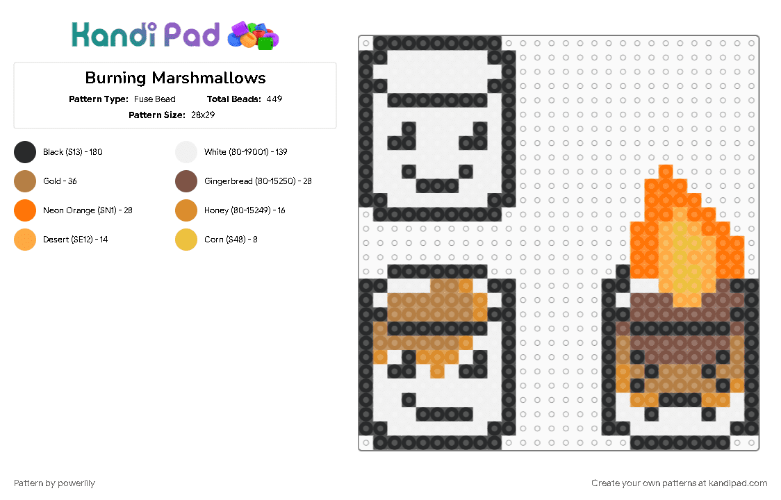 Burning Marshmallows - Fuse Bead Pattern by powerlily on Kandi Pad - burnt, cute, fire, marshmallow, marshmallows, orange, small, smore, smores, tan, white