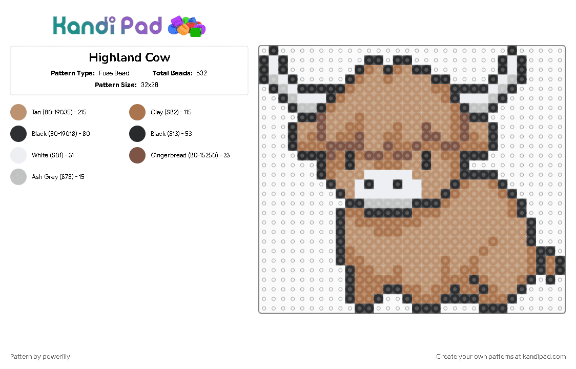 Highland Cow - Fuse Bead Pattern by powerlily on Kandi Pad - animal, animals, beige, cow, cute, highland cow, medium, tan