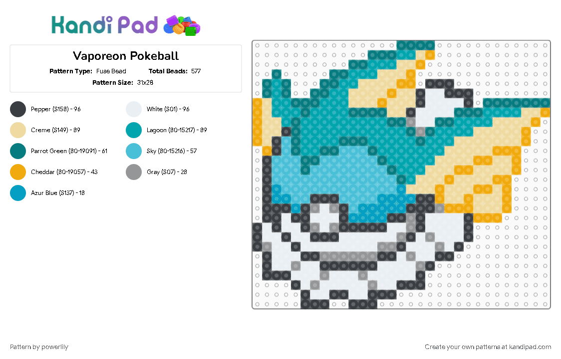 Vaporeon Pokeball - Fuse Bead Pattern by powerlily on Kandi Pad - beige, eevee, eevee evolutions, eeveelution, eeveelutions, eeveeolution, light blue, pokeball, pokemon, teal, vaporeon
