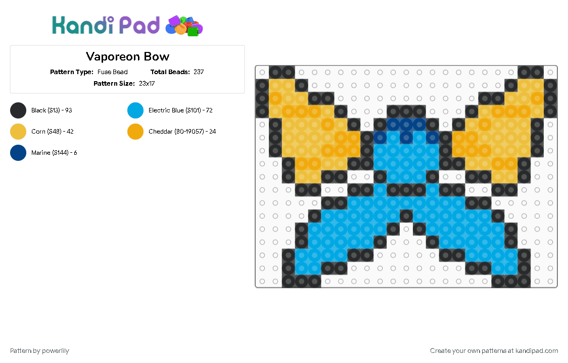 Vaporeon Bow - Fuse Bead Pattern by powerlily on Kandi Pad - bow, eevee, eevee evolutions, eeveelution, eeveelutions, eeveeolution, light blue, pokemon, vaporeon, yellow