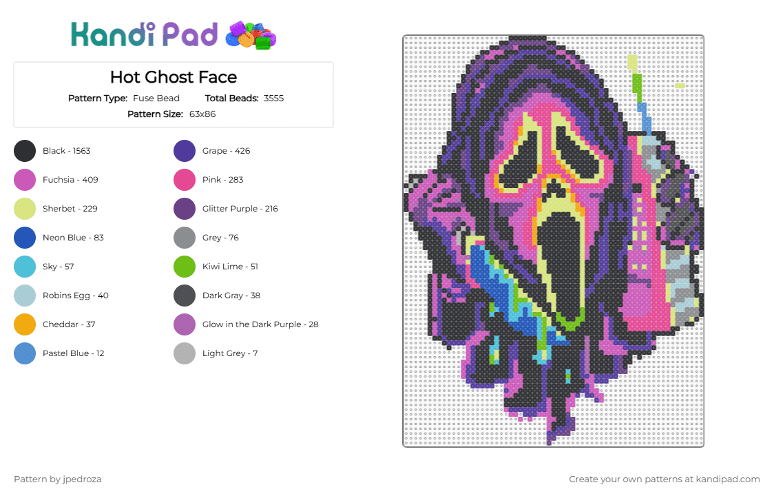 Hot Ghost Face - Fuse Bead Pattern by jpedroza on Kandi Pad - black, pink, purple, yellow