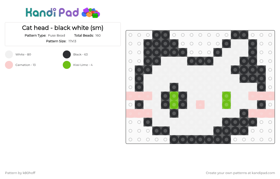 Cat head - black white (sm) - Fuse Bead Pattern by k80hoff on Kandi Pad - white,beige
