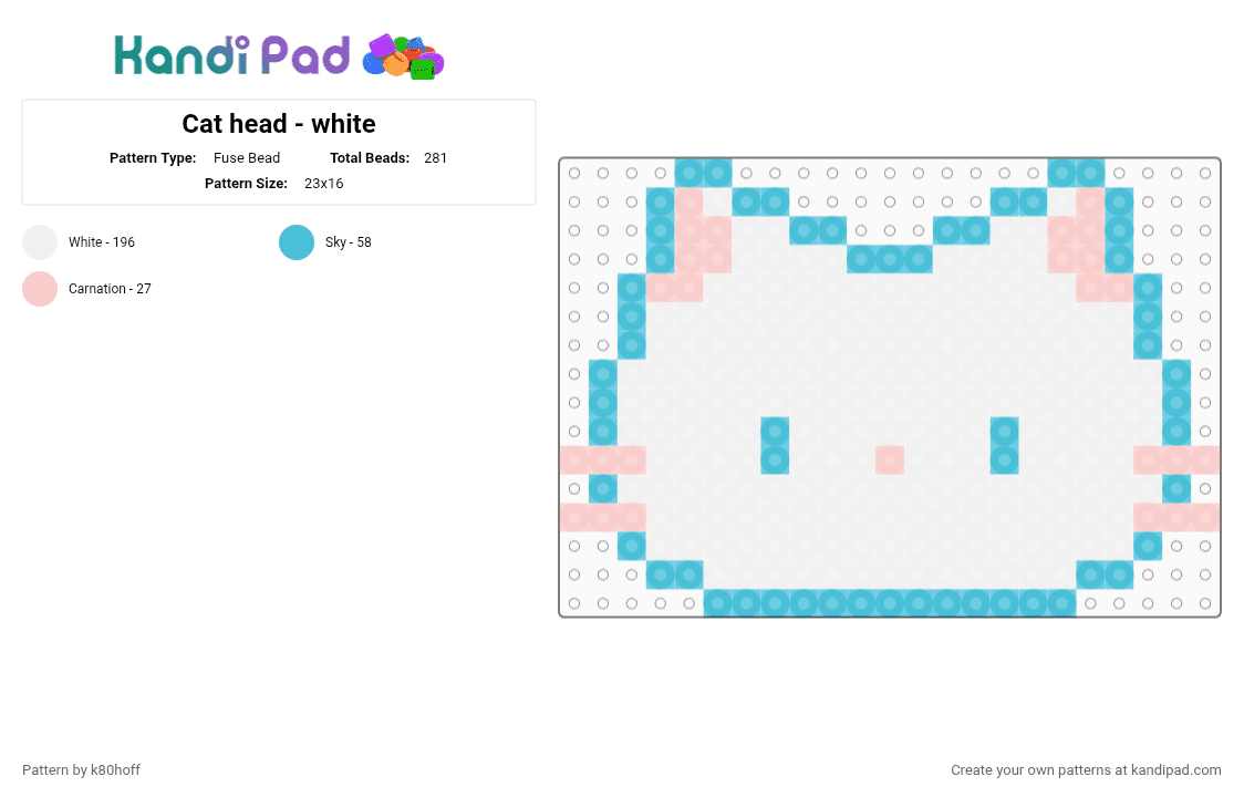 Cat head - white - Fuse Bead Pattern by k80hoff on Kandi Pad - white,light blue,beige