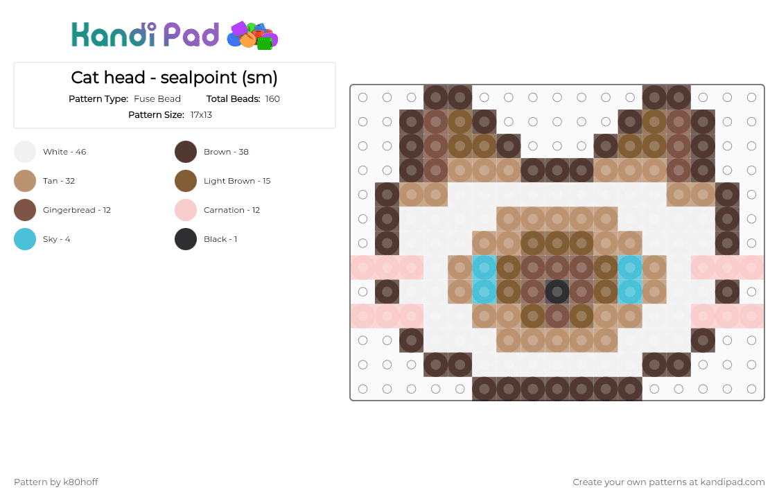 Cat head - sealpoint (sm) - Fuse Bead Pattern by k80hoff on Kandi Pad - brown,tan,beige
