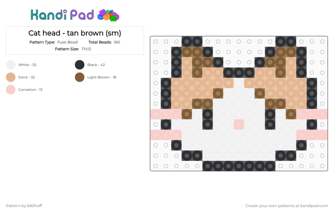 Cat head - tan brown (sm) - Fuse Bead Pattern by k80hoff on Kandi Pad - beige,tan