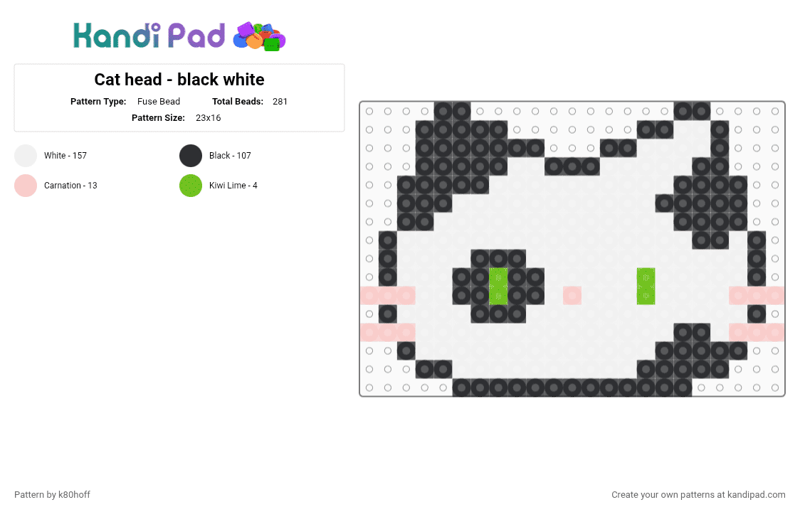 Cat head - black white - Fuse Bead Pattern by k80hoff on Kandi Pad - white,beige