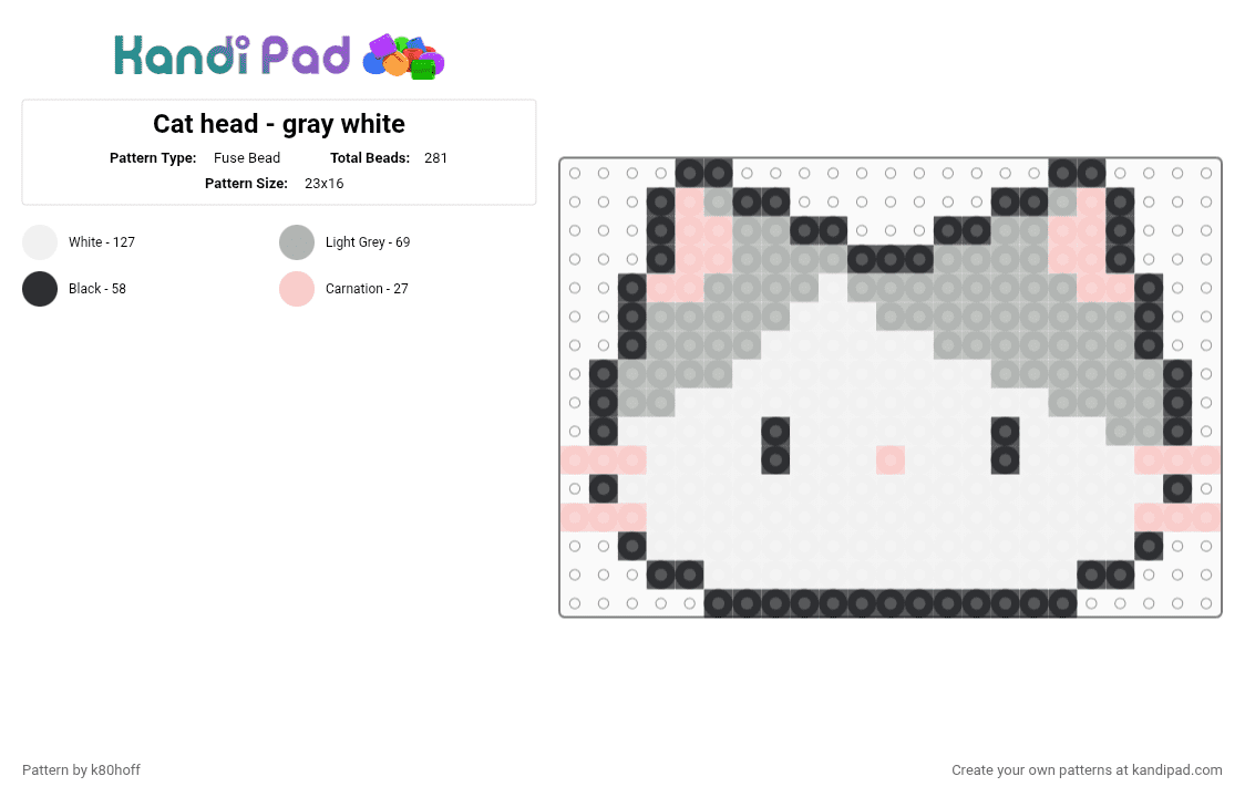 Cat head - gray white - Fuse Bead Pattern by k80hoff on Kandi Pad - beige,white