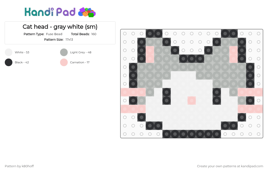 Cat head - gray white (sm) - Fuse Bead Pattern by k80hoff on Kandi Pad - beige,white