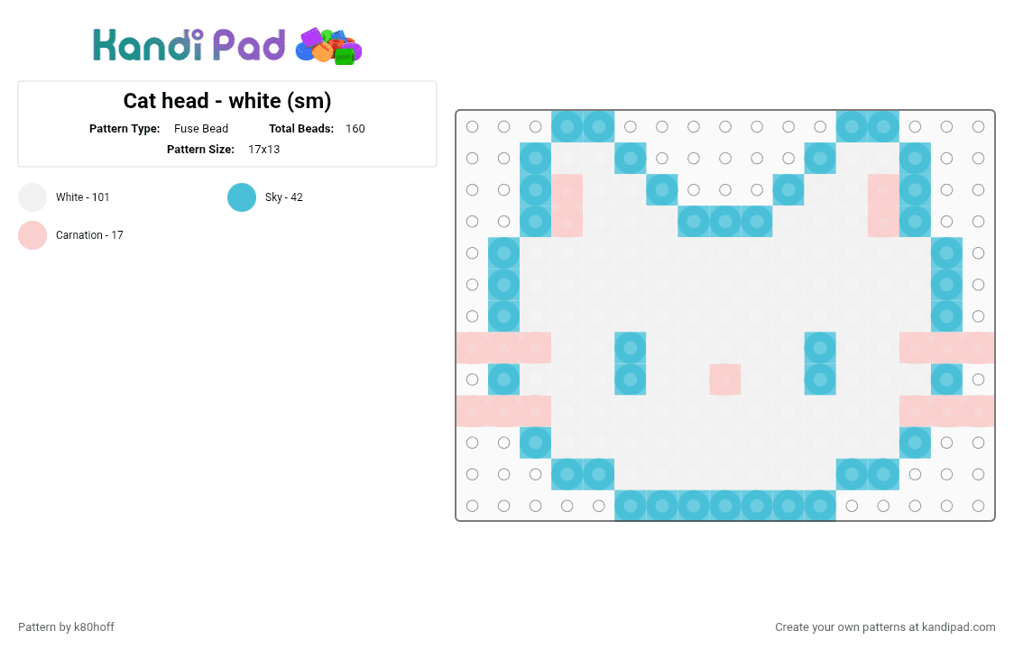 Cat head - white (sm) - Fuse Bead Pattern by k80hoff on Kandi Pad - white,light blue,beige