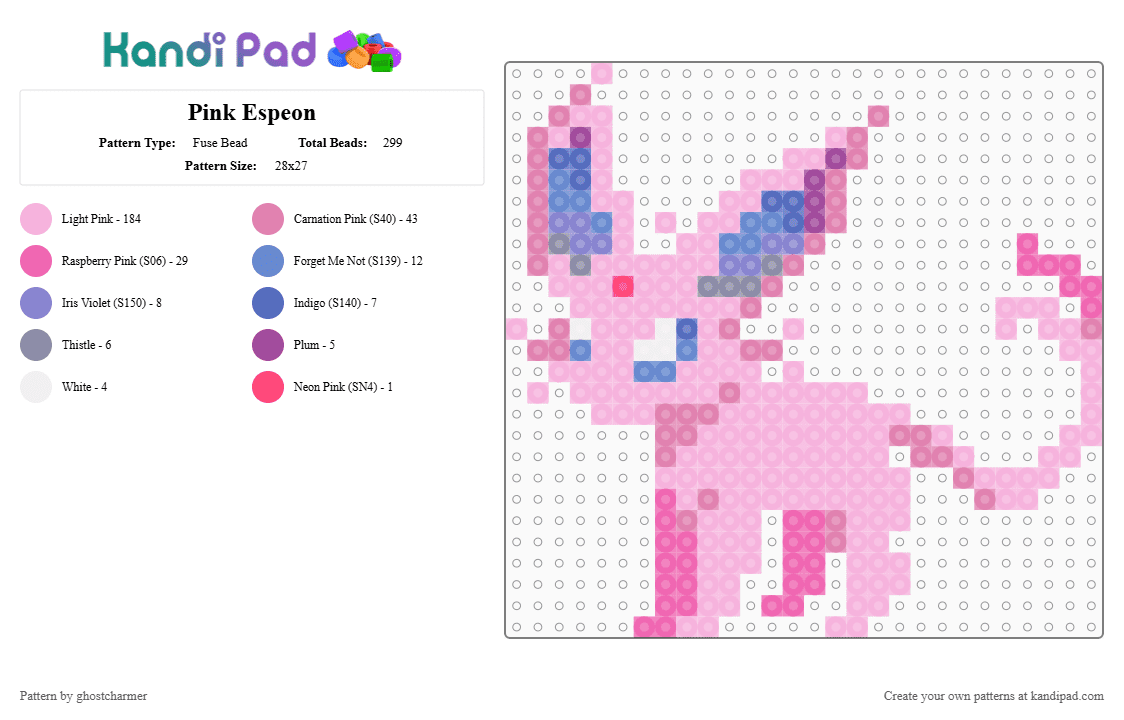 Lil Espeon - Fuse Bead Pattern by ghostcharmer on Kandi Pad - espeon, pink, pokemon, sprite
