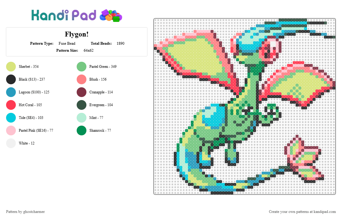 Flygon! - Fuse Bead Pattern by ghostcharmer on Kandi Pad - light blue,red,yellow,teal,pokemon,flygon,shiny