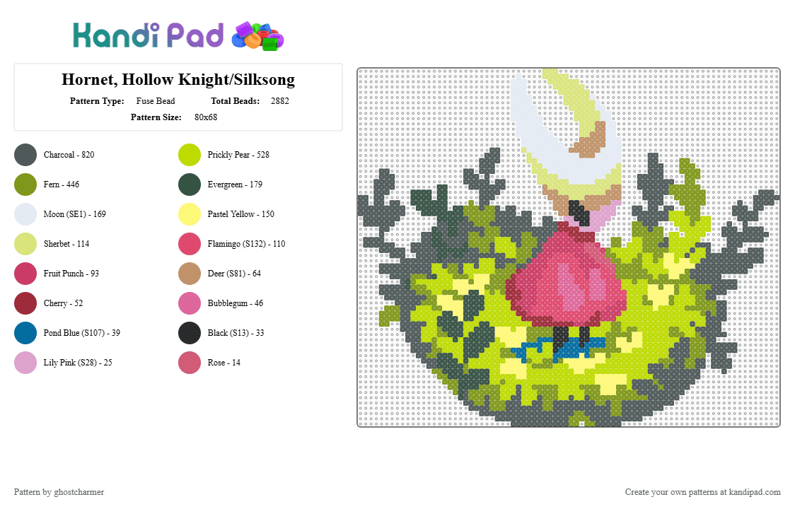 Hornet, Hollow Knight/Silksong - Fuse Bead Pattern by ghostcharmer on Kandi Pad - pink,gold,green,hornet,silksong,hollow knight