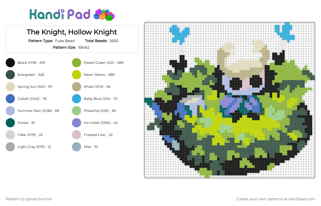 The Knight, Hollow Knight - Fuse Bead Pattern by ghostcharmer on Kandi Pad - gray,green,hollow knight,ghost