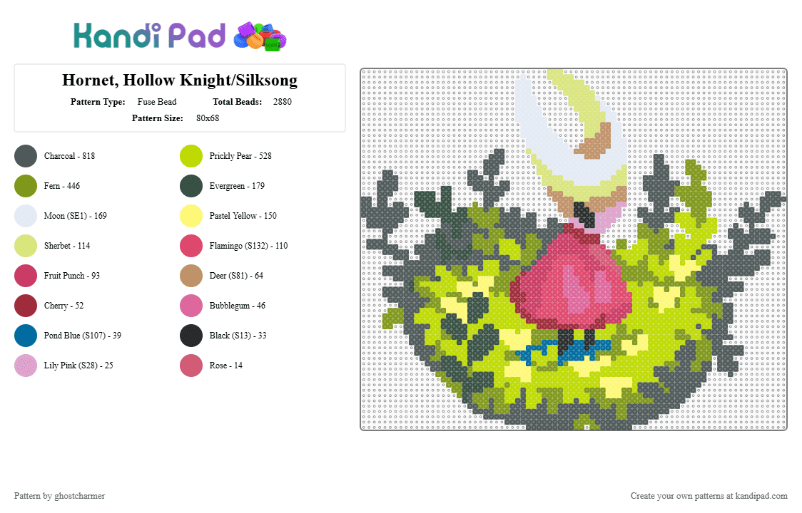 Hornet, Hollow Knight/Silksong - Fuse Bead Pattern by ghostcharmer on Kandi Pad - pink,gold,green,hornet,silksong,hollow knight