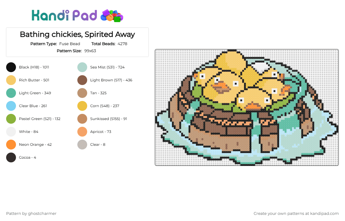 Bathing Chicks, Spirited Away - Fuse Bead Pattern by ghostcharmer on Kandi Pad - tan,yellow,light blue,studio ghibli,hayao miyazaki,ducks,spirited away,chickens,chicks,bathhouse