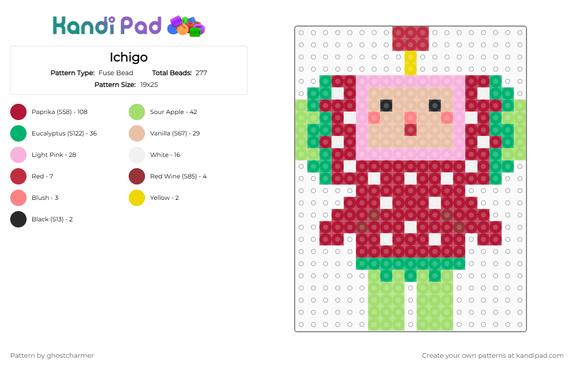 Ichigo, Katamari Damacy - Fuse Bead Pattern by ghostcharmer on Kandi Pad - green, ichigo, katamari damacy, mini, red, strawberry